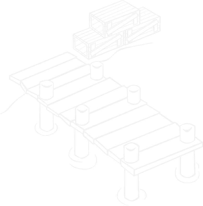 Docking platform with floating pontoons for boats and marine vessels.